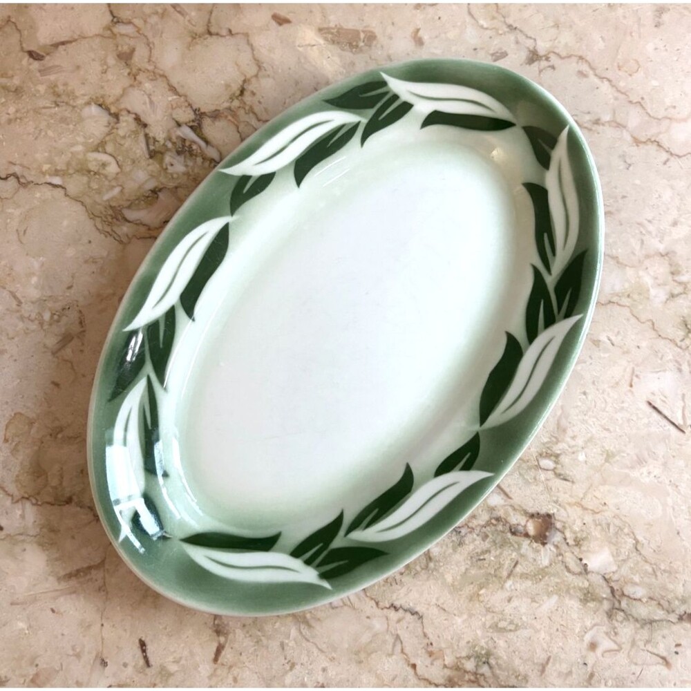 Vintage Jackson China Oval Serving Plate Airbrushed Green Leaves 1960's USA Made